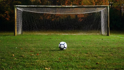 Lonely soccer ball awaiting glory before a quiet goalmouth.