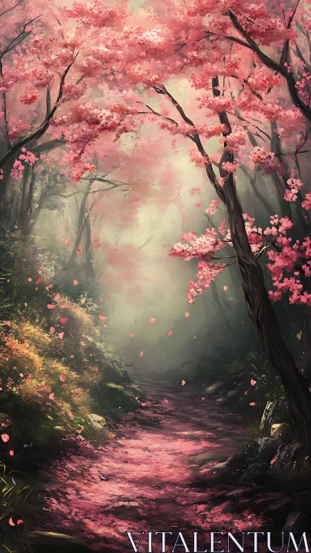 Cherry blossom forest path under soft luminous mist.