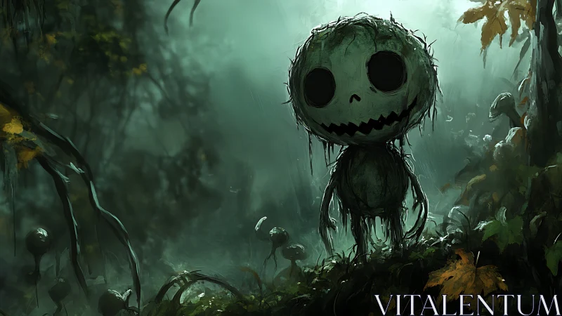 Creepy moss doll stands in eerie misty forest clearing.