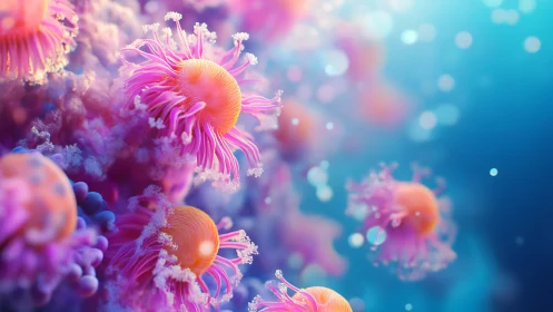 Digital rendering of luminous jellyfish in blue water.