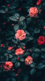 Coral roses with teal foliage in controlled garden lighting.