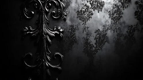 Nocturne baroque scrollwork in shadow-soaked black relief.