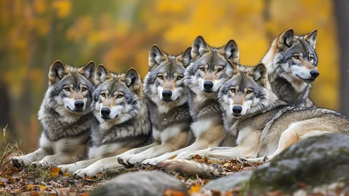 Six gray wolves rest in aligned formation on forest ground