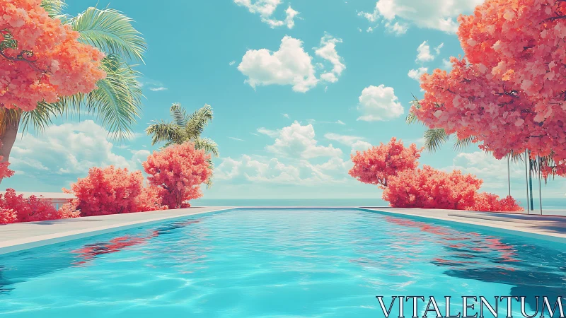 Cotton candy palms circling a lucid seaside infinity pool.