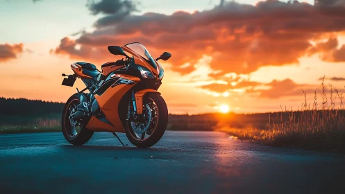 Sport motorcycle stands on open road against vivid sunset