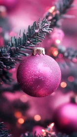 Pink glitter ornament hangs on fir branch with defocused lights