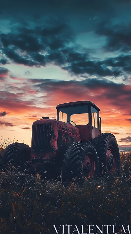 Weathered red tractor resting under a glowing farm sunset.