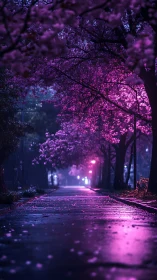 Tree lined path with magenta blossoms under wet pavement light.