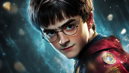 Young wizard portrait glows against swirling blue magic haze