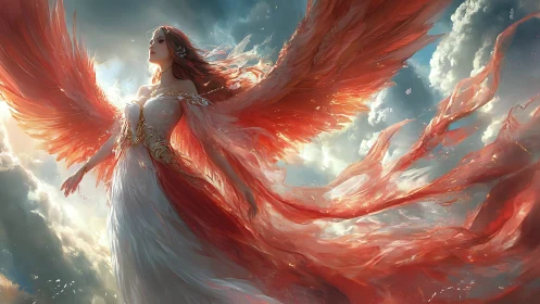 Celestial fire-winged seraph in luminous storm clouds above