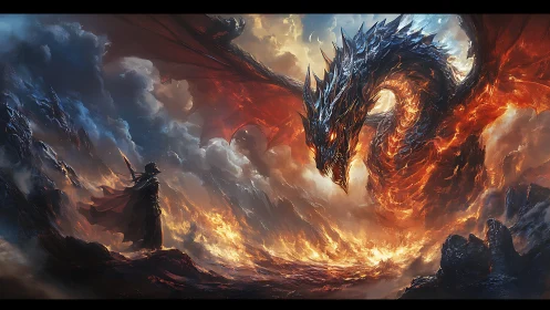 Inferno-winged dragon confronts lone mage in stormfire dusk.