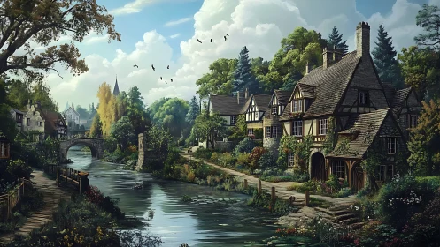 Riverside village with stone cottages and arched bridge.