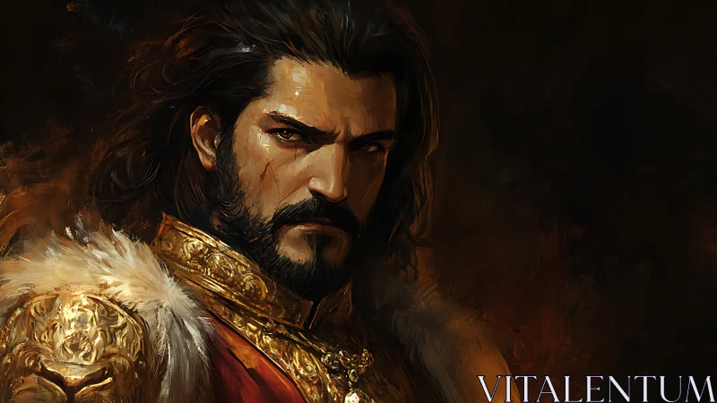 Brooding armored lord in ornate gold and fur cloak portrait.