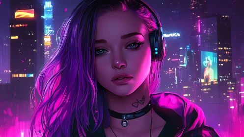 Neon city girl with headphones in vibrant cyber dusk.