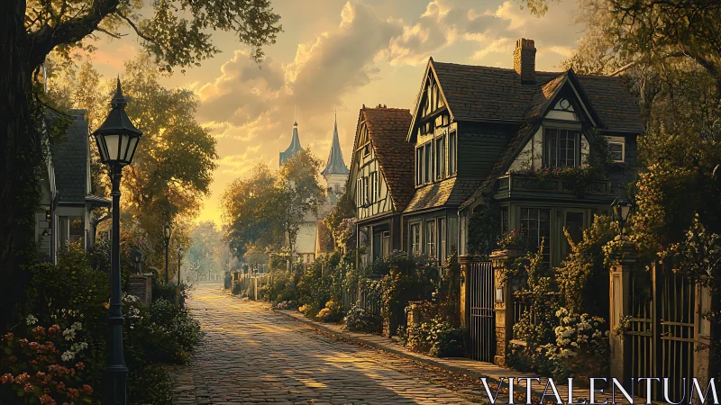 Golden hour lighting defines cobbled Tudor lane with dense foliage