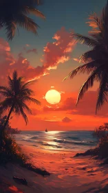 Radiant tropical sunset bathes a tranquil palm-lined shore.