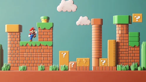 3D platform scene with jumping character and brick world.
