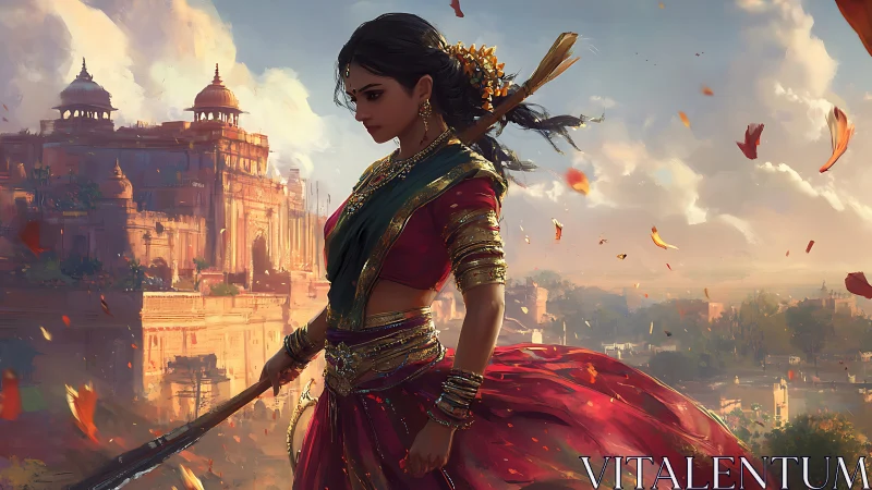 Warrior princess strides through ember-lit palace winds.