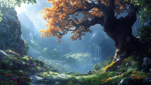 Ancient oak crowns misty valley with luminous cascades.