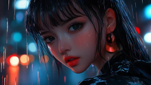 Digital portrait shows wet woman in neon lit night rain