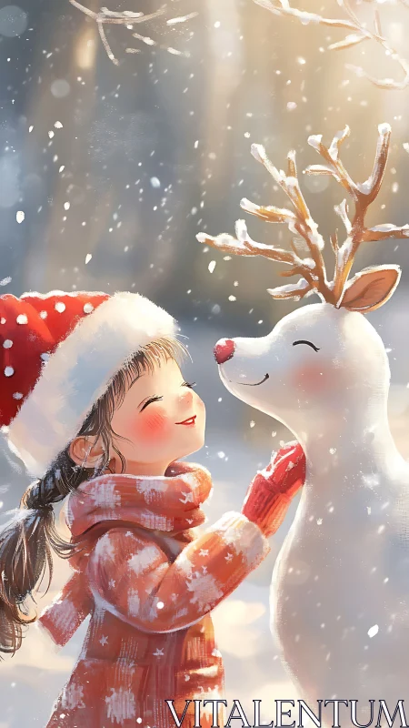Snowlit giggles between cozy girl and glowing reindeer friend.