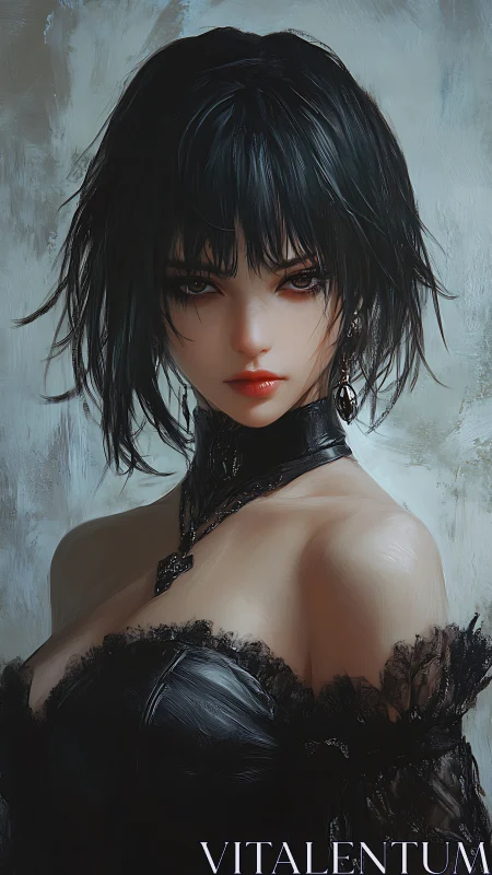 Dark-haired portrait with glossy latex choker and textured lace bodice