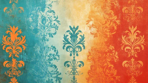 Ornate damask pattern in teal orange and gold bands.