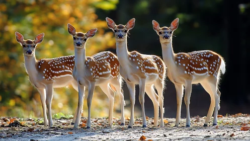 Four curious spotted fawns stand together in soft forest light