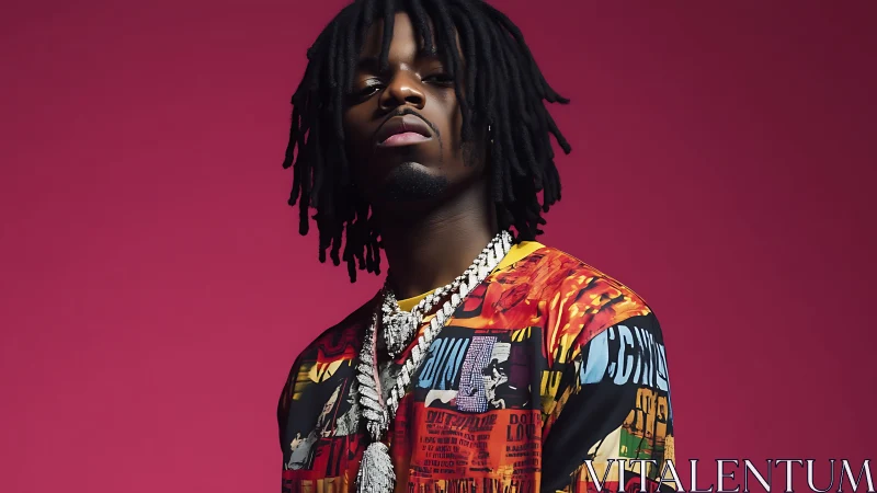 Photographic portrait with bold streetwear and magenta backdrop.