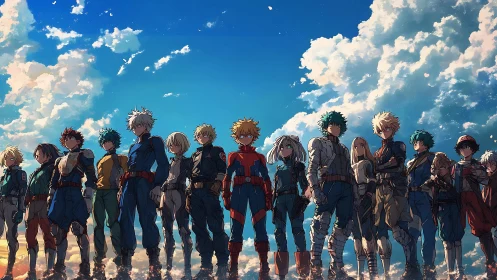 Determined young heroes standing tall beneath vivid skies.