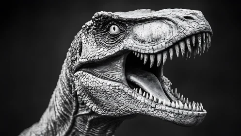 Monochrome dinosaur bust shows detailed roaring profile