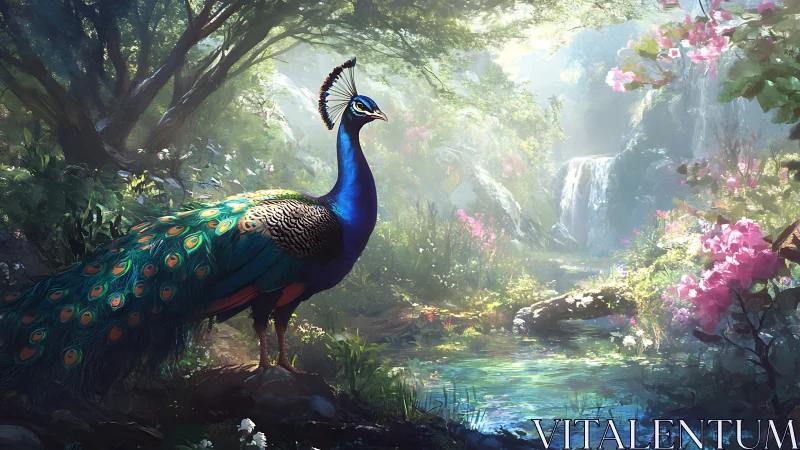 Iridescent peafowl in high-saturation forest waterfall habitat.