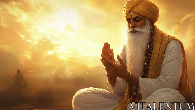 Elderly turbaned man seated in prayer at golden sunset.
