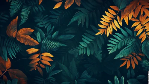 Overlapping teal and orange foliage against dark background.