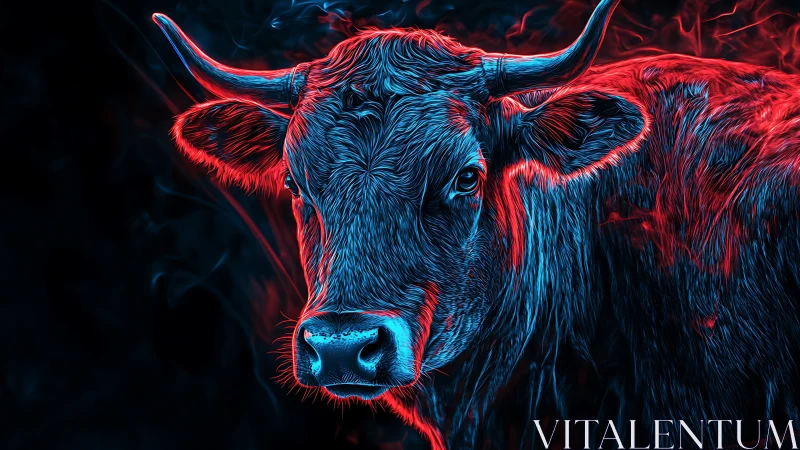 Neon ember bull gazing through electric midnight calm.