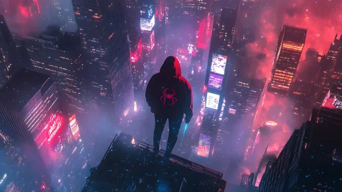 Hooded figure on rooftop overlooking neon cyberpunk megacity