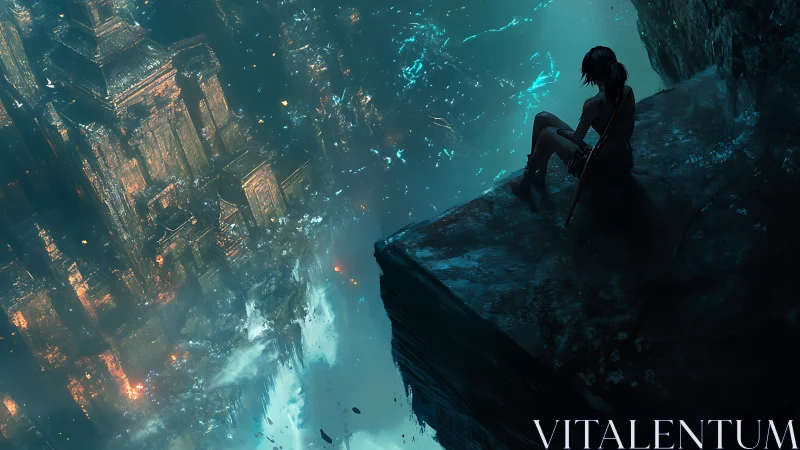 Cliffside rogue gazes over drowning neon ruin below.