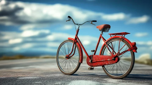 Crimson Bicycle Dreams: Solitary Journey Through Vast Horizons.