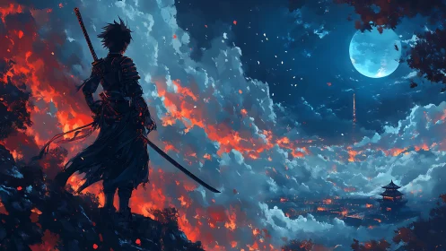 Digital painting of lone samurai over burning cloud cityscape.