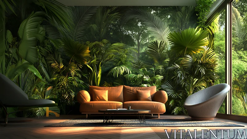 Midcentury sofa anchors biophilic interior with jungle backdrop
