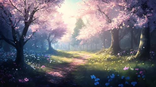 Digital forest path under pink blossom trees in spring light.