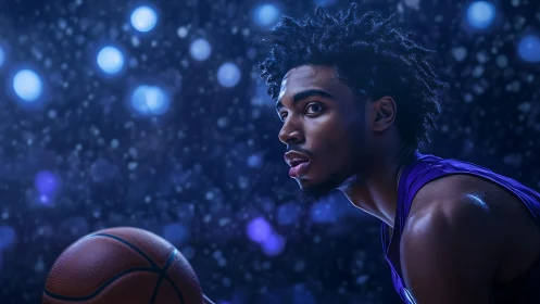 Intense basketball player in dramatic blue arena lights.