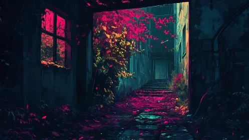 Overgrown alleyway with neon foliage in dark ruins.