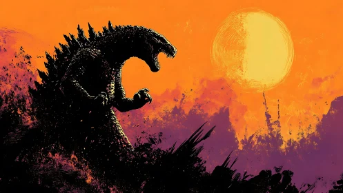 Silhouetted kaiju figure against orange sun and sky backdrop.