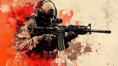 Tactical soldier illustration with splattered red abstraction.