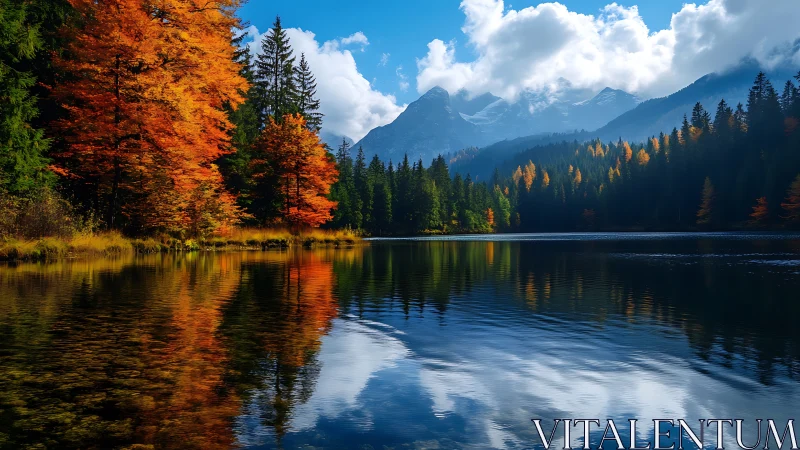 Golden autumn forest reflects softly across a calm blue lake
