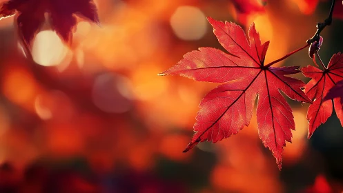 Red maple leaves hang in sharp focus against blurred light