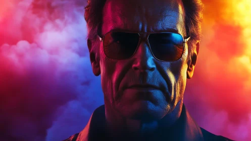 Stern older man in sunglasses faces neon colored smoke