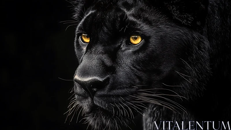 Black Panther Portrait with Luminous Amber Eyes Against Dark Background