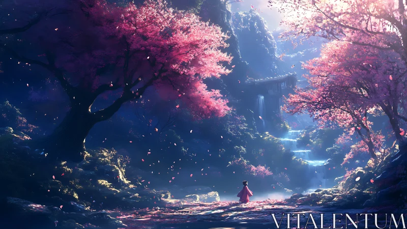 Blossom-lit path to a secret waterfall sanctuary at dusk.